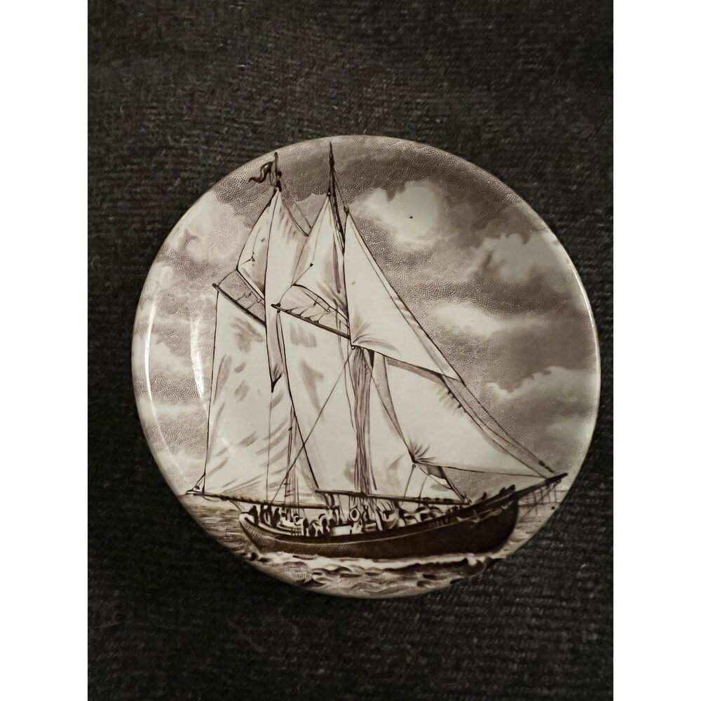 Bluenose II" Schooner Replica 4 1/2" Wood & Sons Dish Coaster Brown Transferwar
